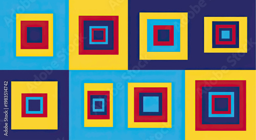 Geometric arrangement of nested squares in bold primary and secondary colors