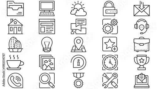 25 Minimalist Black Vector Icon Set Collection Bundle for Web and Mobile UI Design, featuring Technology, Business, Communication, Weather, Home, Security, Support, Tools, and Travel Symbols.