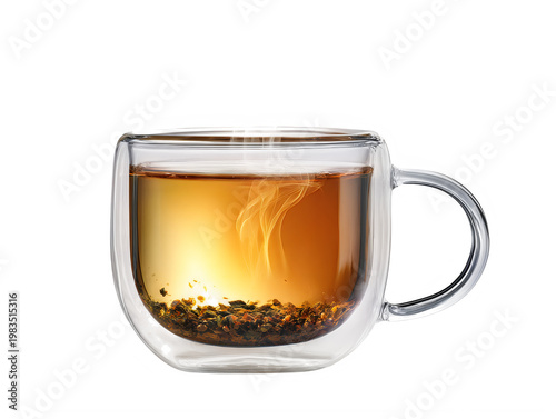 Clear glass mug with herbal tea leaves isolated on transparent background