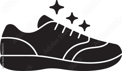 Elegant classic black leather oxford shoe with shining polish and brush for shoe care. Polished Footwear Shine Symbol