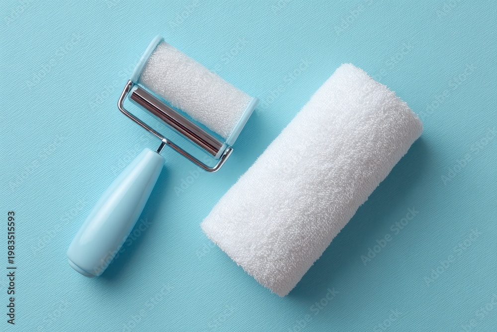 Obraz premium Paint roller with light blue handle and a spare white roller cover on a textured blue background, DIY home improvement tools.