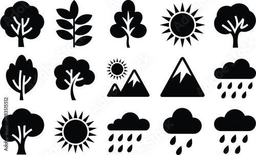 Black silhouette icons of trees mountains sun clouds and rain