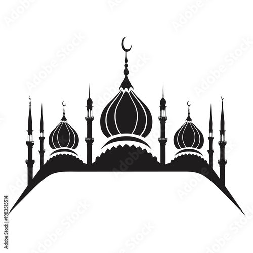 Islamic mosque silhouette with domes and minarets topped with crescent moon symbols on white background for ramadan kareem celebration or religious architectural design template.