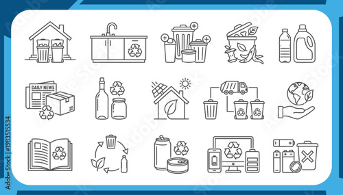 Large Collection of Recycling Icons Featuring Waste Management, Eco Friendly Home, Sustainable Living, Garbage Sorting and Environmental Care Outline Graphic Elements Vector Set