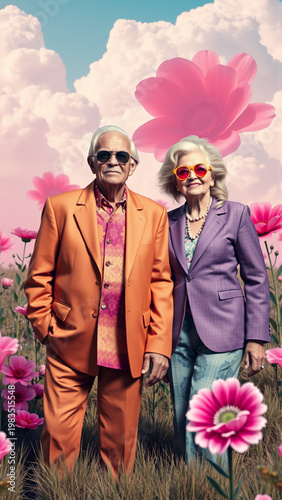 Happy elderly married couple laughing merrily on the background of bright summer flowers and clouds