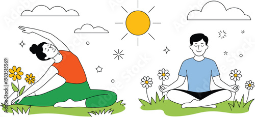 Young man and woman practicing yoga and meditation outdoors in nature under the sun in monoline flat vector style