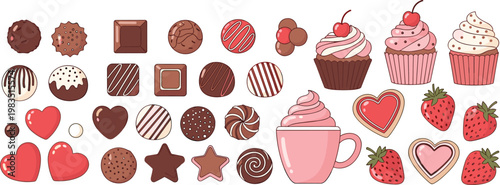 Chocolate sweets and cupcake vector collection with strawberries hearts and candy elements for dessert and romantic design isolated