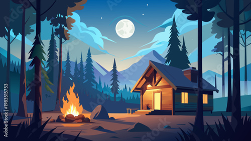 Glowing Mushroom, Fantasy Forest, Night Scene, Vector Illustration, Whimsical Art
