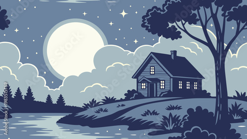 Glowing Mushroom, Fantasy Forest, Night Scene, Vector Illustration, Whimsical Art