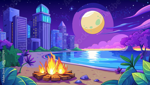 Glowing Mushroom, Fantasy Forest, Night Scene, Vector Illustration, Whimsical Art