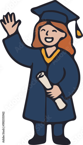 Graduate Woman Waving Smiling.