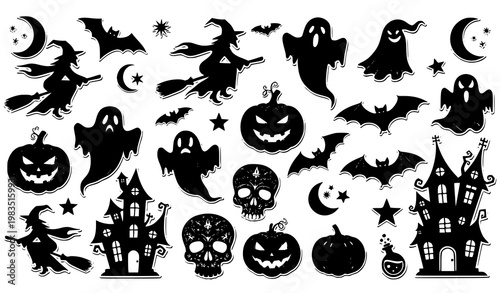 Halloween Silhouette Collection Spooky Stickers Witch Ghost Pumpkin Vector Set