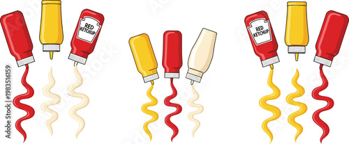 Ketchup Mustard and Mayonnaise Sauce Bottle Collection with Squeezed Condiment Streams in Different Styles Fast Food Vector Illustration Set