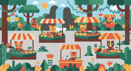Cartoon bears at food market stalls.