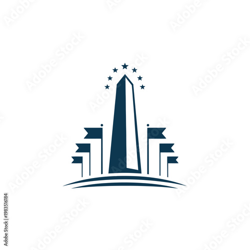 A dark blue obelisk monument with flags set against a starry sky