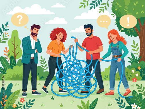 Four people working together outdoors to untangle a large blue rope in a garden
