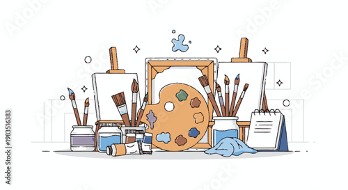 Colorful artist paint brushes and palette.