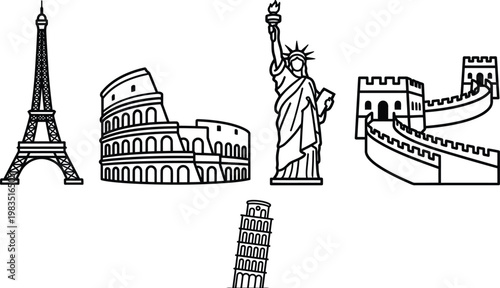 Monumental landmarks vector illustration of famous world structures flat design