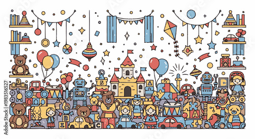 Colorful cartoon birthday party celebration scene.