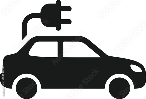 Black silhouette of electric car with plug isolated on white background