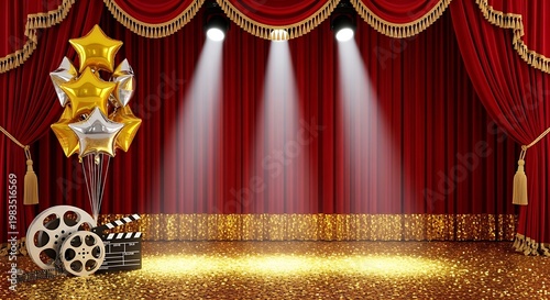 Grand theater stage with red velvet curtains, golden glitter floor and spotlights, cinema movie premiere background