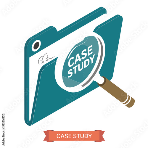 A case study document is being examined with a magnifying glass