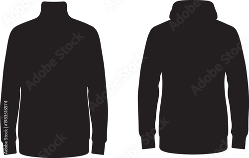 Black Hooded Sweatshirt with Turtleneck Neckline - Minimalist Long Sleeve Jacket