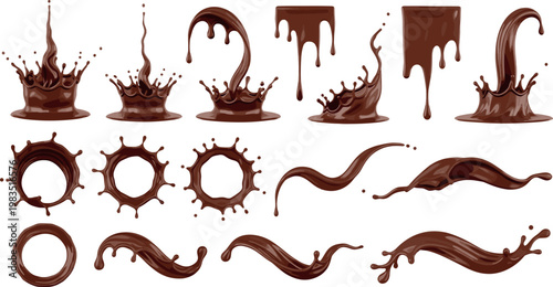Chocolate splash vector collection with dripping liquid splashes waves and circular splat shapes for dessert and food design isolated