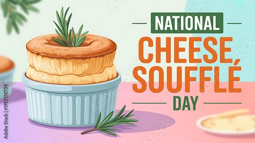 National cheese souffle day celebratory graphic illustration with fresh herb garnish culinary restaurant delicious