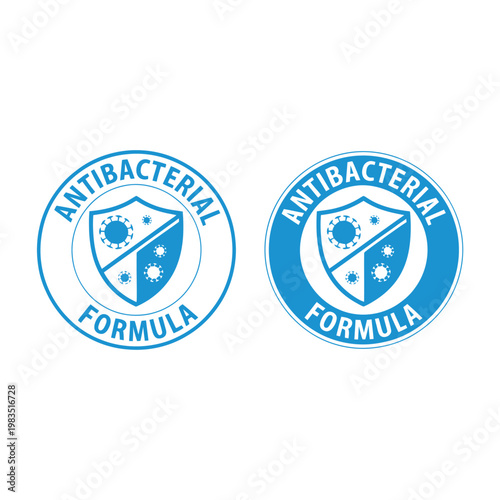 Two antibacterial formula badges with shield and virus icons displayed