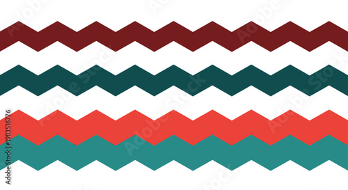 Horizontal bands of red, teal, and maroon zigzags on white