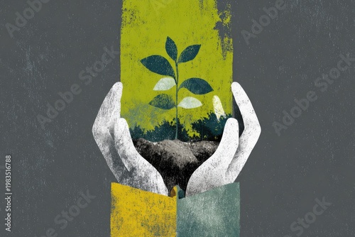Abstract image of hands cradling a plant within a painted green and yellow rectangle