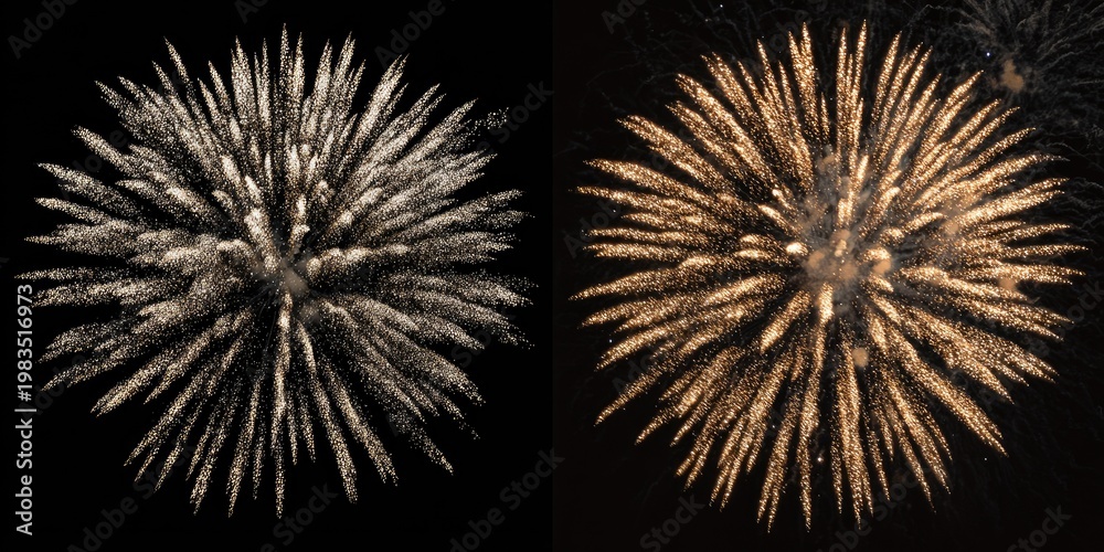 Obraz premium Two split-screen images display fireworks bursting in different colors against a black backdrop