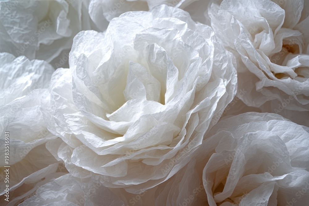 Fototapeta premium Close-up of delicate white paper flowers, intricately layered and textured