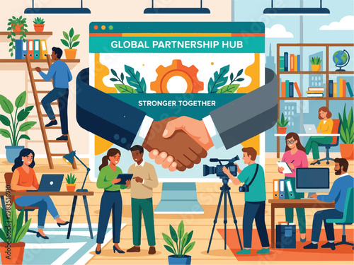 Global partnership hub concept with diverse people working together in modern office environment with plants and technology  business collaboration teamwork