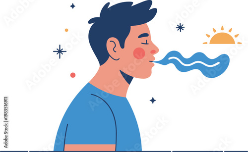 Young man practicing deep breathing exercises for mindfulness and stress relief in a clean monoline flat vector style