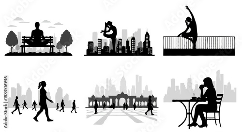 Silhouette of people exercising and participating in leisure activities – urban concept.