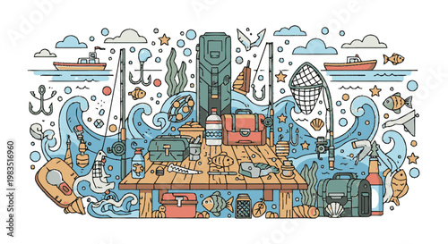 Colorful illustration of an aquarium scene.