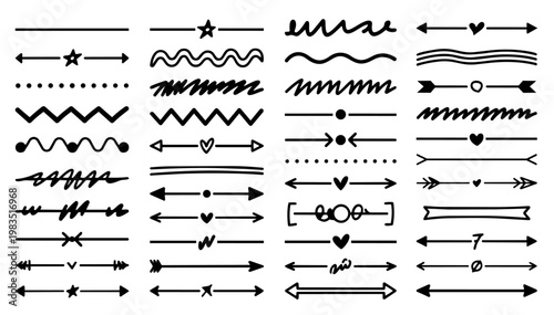 Hand-drawn minimalist dividers and decorative borders set with hearts stars arrows and zigzag lines. Black ink doodle line art elements for bullet journals scrapbooking and planner designs.