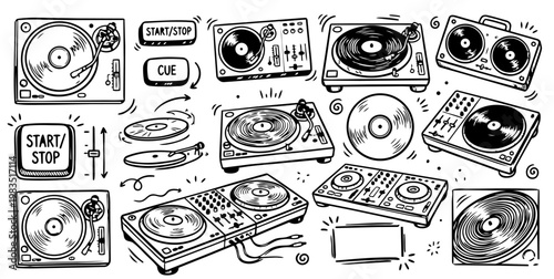 Fotografie Hand drawn doodle vector set of DJ turntables for music and party design, playfu