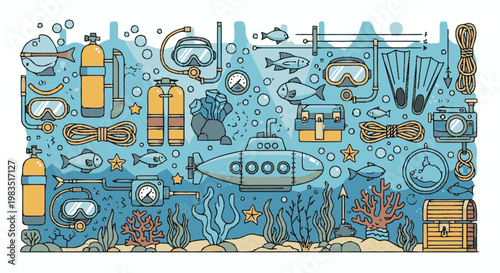 Colorful illustration of scuba diving gear.