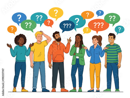 Group of people with confused expressions and question marks above their heads  puzzled faces and speech bubbles with question marks  people looking confused