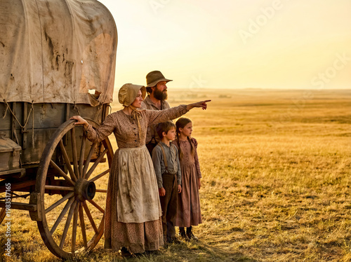 Pioneer family stands by covered wagon looking out over vast grassy prairie.