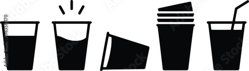 Black and white illustration of various beverage glasses and straws