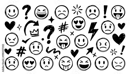 Hand drawn doodle vector set of emojis, reactions, and expressive symbols for social media and messaging, playful sketchy ink pen icons, emotion marks, and decorative elements for creative designs