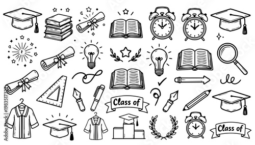 Hand drawn doodle vector set of education milestones for learning and academic progress, playful sketchy ink pen school icons, achievement symbols, and study elements for creative educational designs