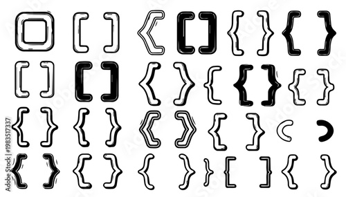 Hand drawn doodle vector set of emphasis brackets for text annotation and highlights, sketchy ink pen symbols, decorative bracket marks, and accent elements for UI, notes, and creative design projects