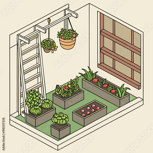 A garden room with potted plants and a ladder