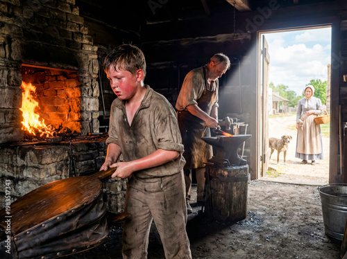 Young boy pumps large bellows in blacksmith shop while master smith works at anvil.