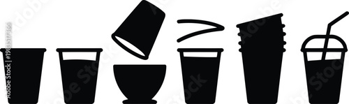 Black and white illustration of various drinking vessels and straw